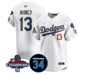 Men's LA Dodgers - World Series Champions 2024Fernando Valenzuela Memorial Jersey - All Stitched N1 GOLD TRIM 13 MAX MUNCY