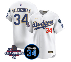 Men's LA Dodgers - World Series Champions 2024Fernando Valenzuela Memorial Jersey - All Stitched N1 GOLD TRIM 34 FERNANDO VALENZUELA