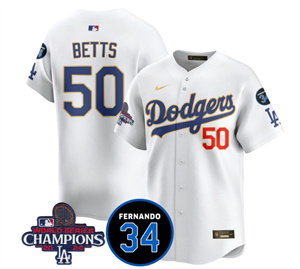Men's LA Dodgers - World Series Champions 2024Fernando Valenzuela Memorial Jersey - All Stitched N1 GOLD TRIM 50 MOOKIE BETTS