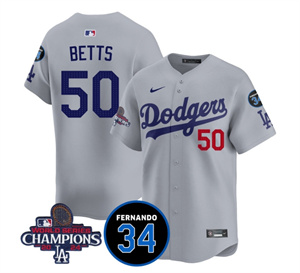 Men's LA Dodgers - World Series Champions 2024Fernando Valenzuela Memorial Jersey - All Stitched N1 GRAY 50 MOOKIE BETTS