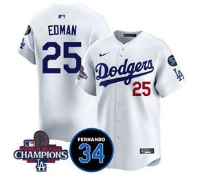 Men's LA Dodgers - World Series Champions 2024Fernando Valenzuela Memorial Jersey - All Stitched N1 WHITE 25 TOMMY EDMAN