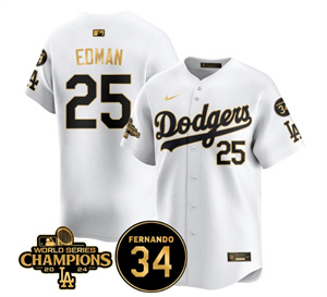 Men's LA Dodgers - World Series Champions 2024Fernando Valenzuela Memorial Jersey - All Stitched N1 WHITE GOLD 25 TOMMY EDMAN