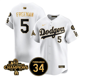 Men's LA Dodgers - World Series Champions 2024Fernando Valenzuela Memorial Jersey - All Stitched N1 WHITE GOLD 5 FREDDIE FREEMAN