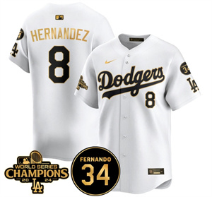 Men's LA Dodgers - World Series Champions 2024Fernando Valenzuela Memorial Jersey - All Stitched N1 WHITE GOLD 8 ENRIQUE HERNANDEZ