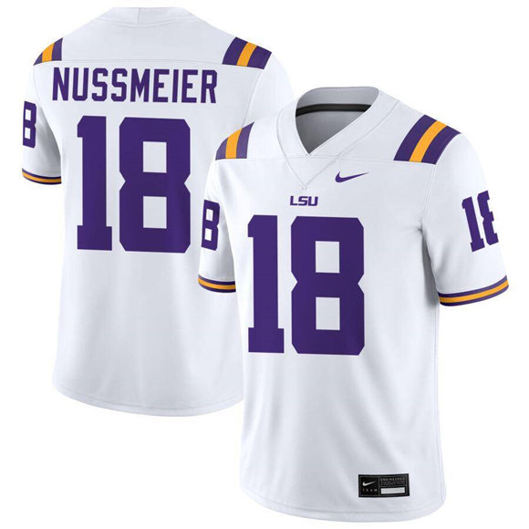 Men's LSU Tigers #18 Garrett Nussmeier White Limited Stitched Game Jersey