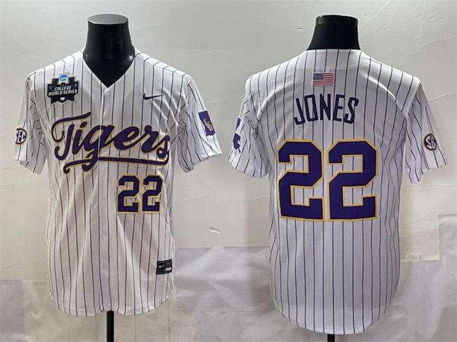 Men's LSU Tigers #22 Jared Jones White Pinstripe 2025 World Series & SEC Patch Stitched Baseball Jersey