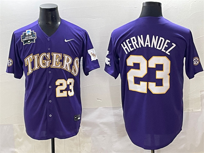Men's LSU Tigers #23 Luis Hernandez Purple 2025 World Series & SEC Patch Stitched Baseball Jersey