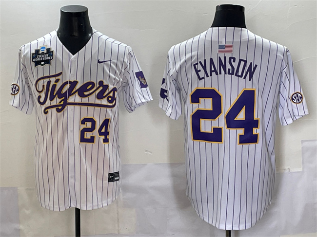 Men's LSU Tigers #24 Anthony Eyanson White Pinstripe 2025 World Series & SEC Patch Stitched Baseball Jersey