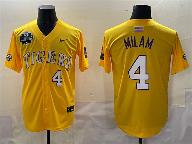 Men's LSU Tigers #4 Steven Milam Gold 2025 World Series & SEC Patch Stitched Baseball Jersey
