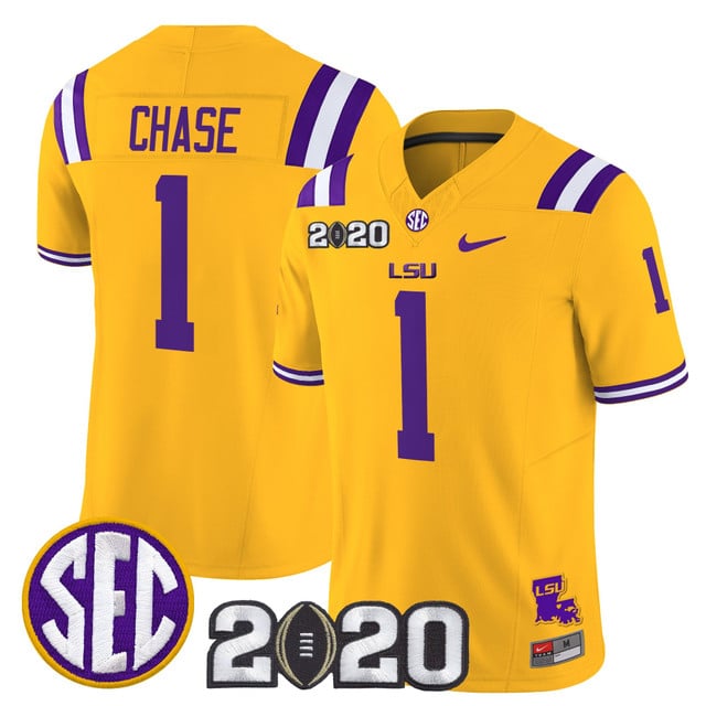 Men's LSU Tigers 2020 National Champions Vapor Limited Jersey gold #1 Ja'Marr Chase
