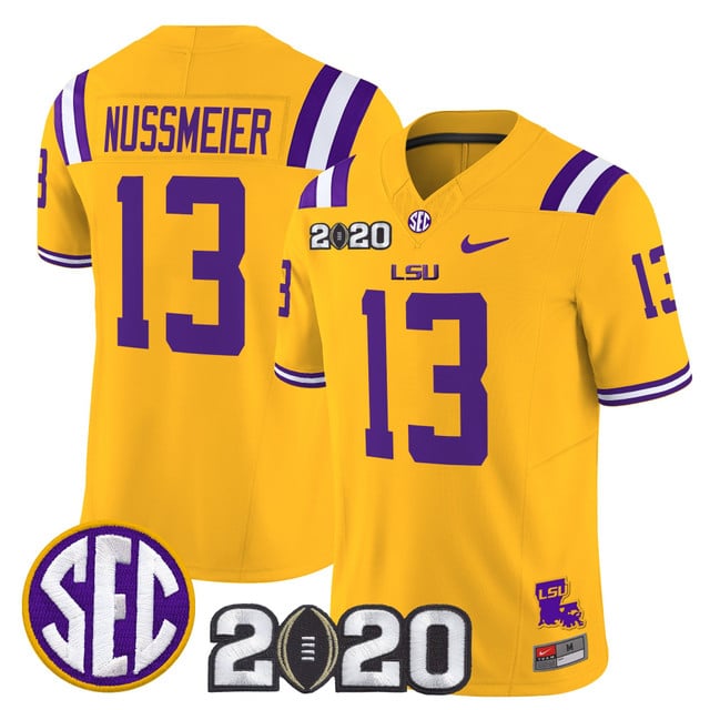 Men's LSU Tigers 2020 National Champions Vapor Limited Jersey gold #13 Garrett Nussmeier