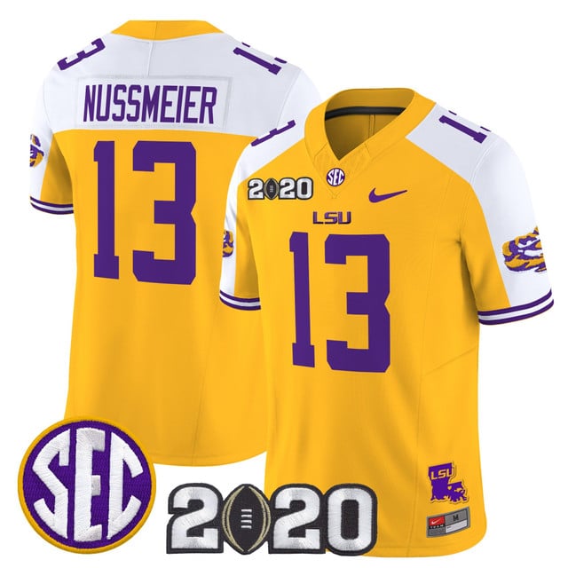 Men's LSU Tigers 2020 National Champions Vapor Limited Jersey gold alternate #13 Garrett Nussmeier