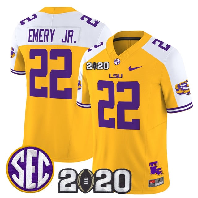 Men's LSU Tigers 2020 National Champions Vapor Limited Jersey gold alternate #22 John Emery Jr.