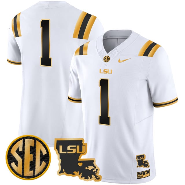 Men's LSU Tigers 2025 Louisiana Patch Gold Vapor Limited Jersey #1