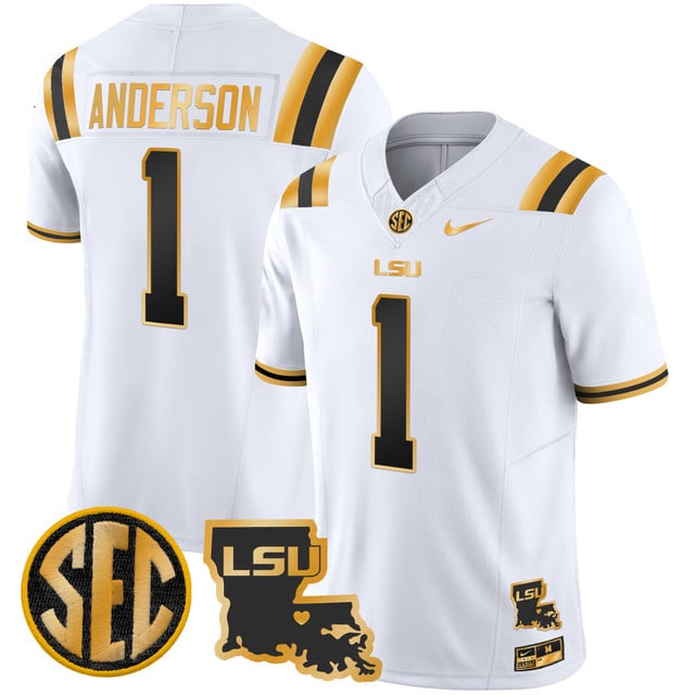 Men's LSU Tigers 2025 Louisiana Patch Gold Vapor Limited Jersey #1 Aaron Anderson