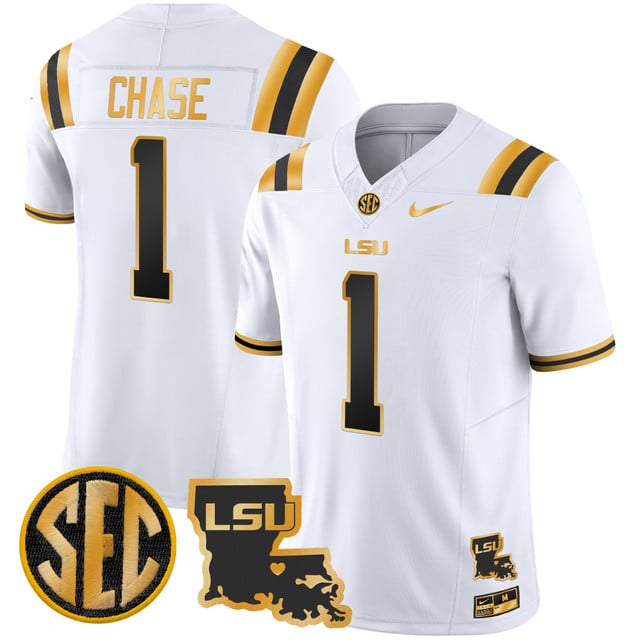 Men's LSU Tigers 2025 Louisiana Patch Gold Vapor Limited Jersey #1 Ja'Marr Chase