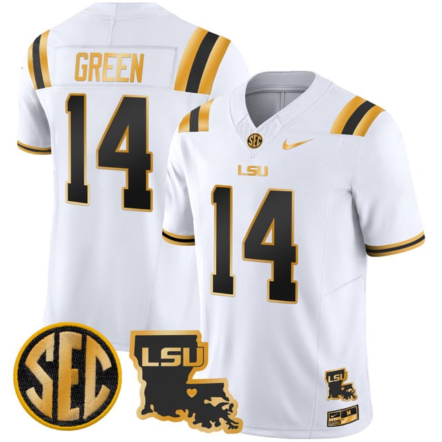 Men's LSU Tigers 2025 Louisiana Patch Gold Vapor Limited Jersey #14 Trey'Dez Green