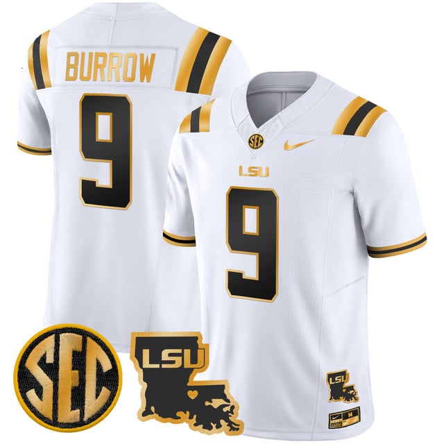 Men's LSU Tigers 2025 Louisiana Patch Gold Vapor Limited Jersey #9 Joe Burrow