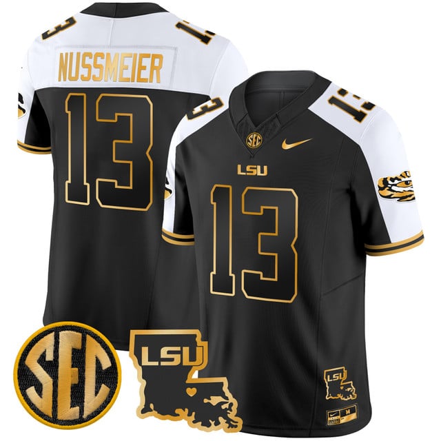 Men's LSU Tigers 2025 Louisiana Patch Gold Vapor Limited Jersey alternate #13 Garrett Nussmeier
