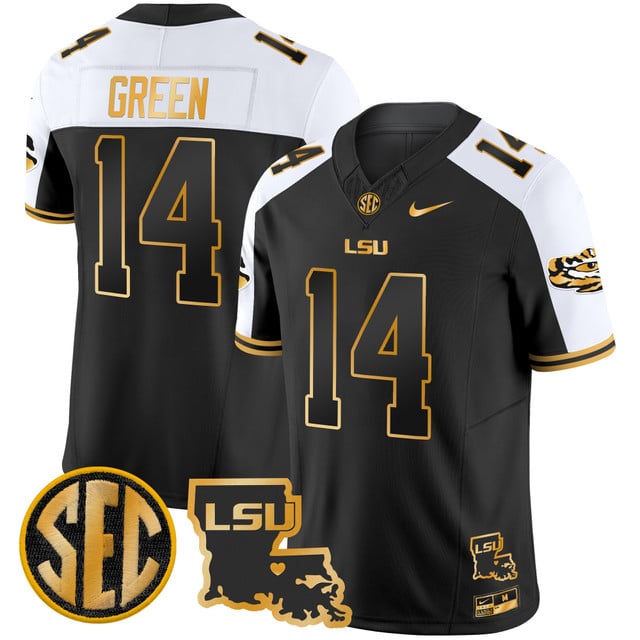 Men's LSU Tigers 2025 Louisiana Patch Gold Vapor Limited Jersey alternate #14 Trey'Dez Green