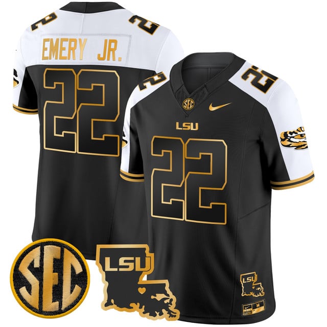 Men's LSU Tigers 2025 Louisiana Patch Gold Vapor Limited Jersey alternate #22 John Emery Jr.