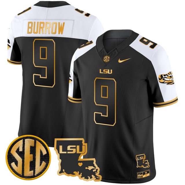 Men's LSU Tigers 2025 Louisiana Patch Gold Vapor Limited Jersey alternate #9 Joe Burrow