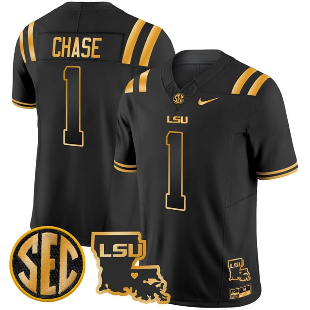 Men's LSU Tigers 2025 Louisiana Patch Gold Vapor Limited Jersey black #1 Ja'Marr Chase