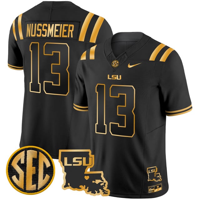 Men's LSU Tigers 2025 Louisiana Patch Gold Vapor Limited Jersey black #13 Garrett Nussmeier