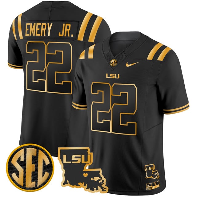 Men's LSU Tigers 2025 Louisiana Patch Gold Vapor Limited Jersey black #22 John Emery Jr.