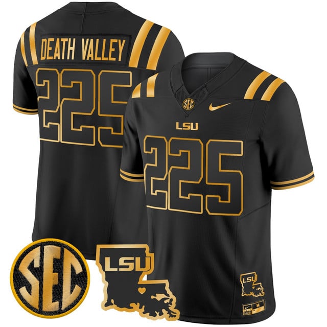 Men's LSU Tigers 2025 Louisiana Patch Gold Vapor Limited Jersey black #225 Death Valley