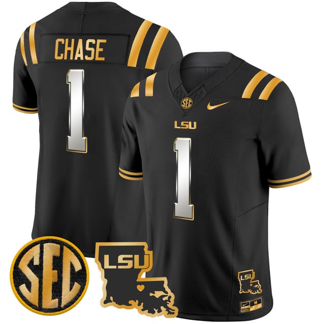 Men's LSU Tigers 2025 Louisiana Patch Gold Vapor Limited Jersey black limited #1 Ja'Marr Chase