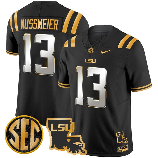 Men's LSU Tigers 2025 Louisiana Patch Gold Vapor Limited Jersey black limited #13 Garrett Nussmeier