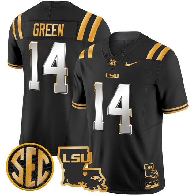 Men's LSU Tigers 2025 Louisiana Patch Gold Vapor Limited Jersey black limited #14 Trey'Dez Green