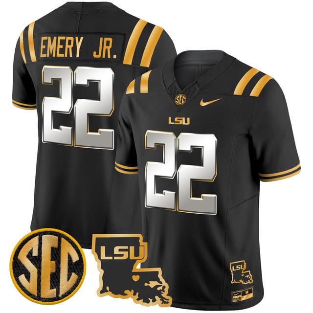 Men's LSU Tigers 2025 Louisiana Patch Gold Vapor Limited Jersey black limited #22 John Emery Jr.