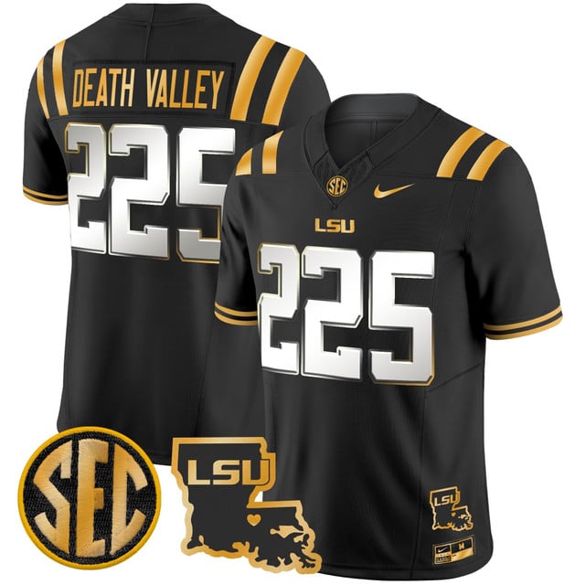 Men's LSU Tigers 2025 Louisiana Patch Gold Vapor Limited Jersey black limited #225 Death Valley