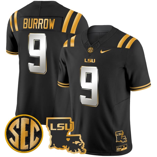 Men's LSU Tigers 2025 Louisiana Patch Gold Vapor Limited Jersey black limited #9 Joe Burrow