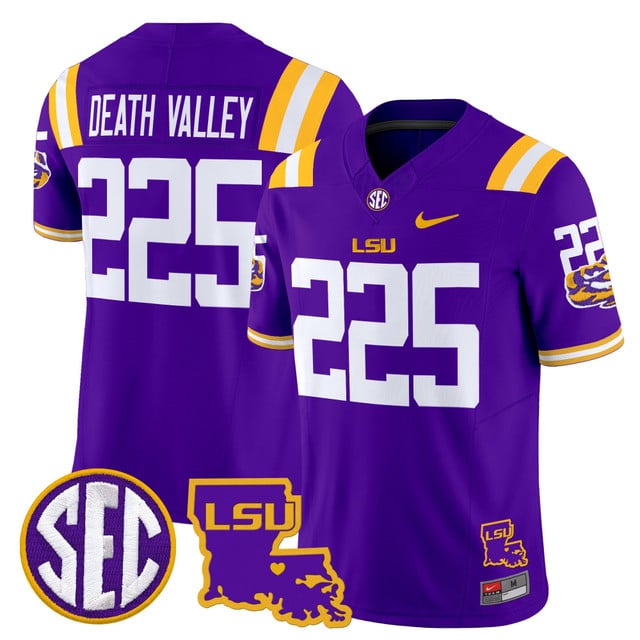 Men's LSU Tigers 2025 Louisiana Patch Vapor Limited Jersey #225 Death Valley