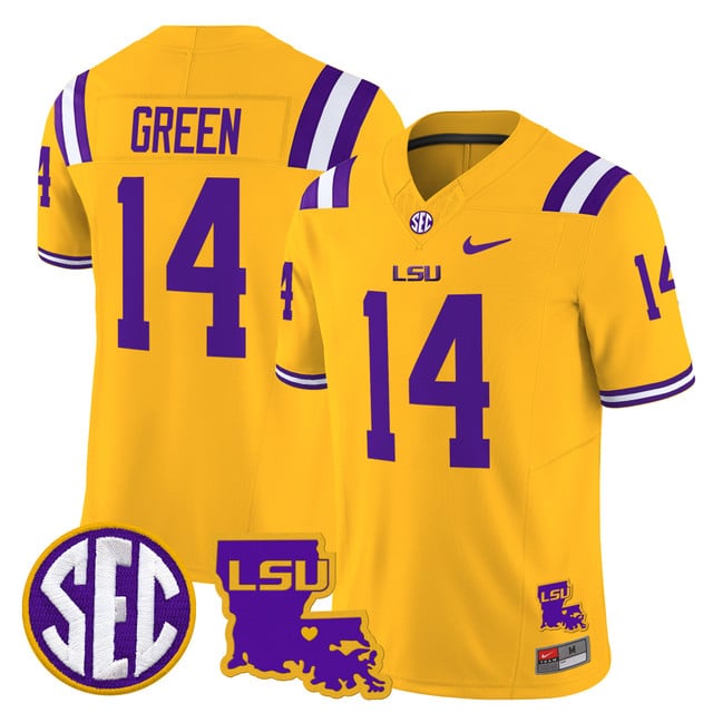 Men's LSU Tigers 2025 Louisiana Patch Vapor Limited Jersey gold #14 Trey'Dez Green