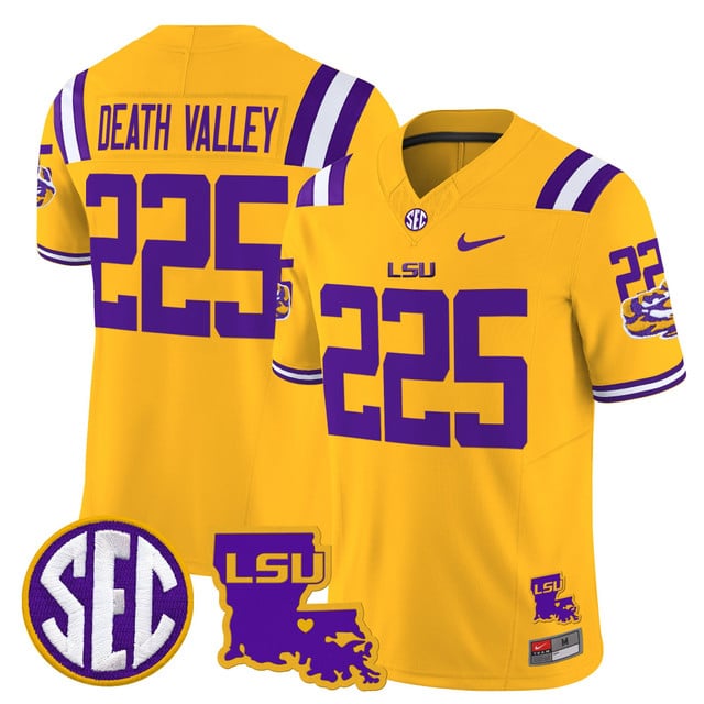 Men's LSU Tigers 2025 Louisiana Patch Vapor Limited Jersey gold #225 Death Valley
