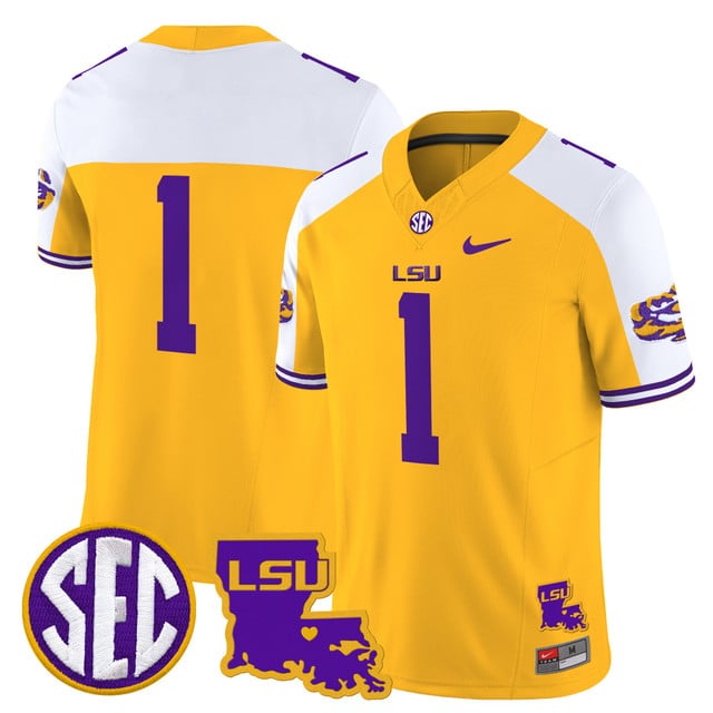 Men's LSU Tigers 2025 Louisiana Patch Vapor Limited Jersey gold white #1