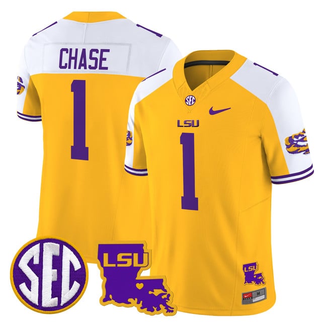 Men's LSU Tigers 2025 Louisiana Patch Vapor Limited Jersey gold white #1 Ja'Marr Chase