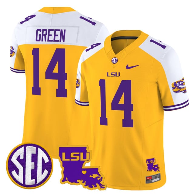 Men's LSU Tigers 2025 Louisiana Patch Vapor Limited Jersey gold white #14 Trey'Dez Green