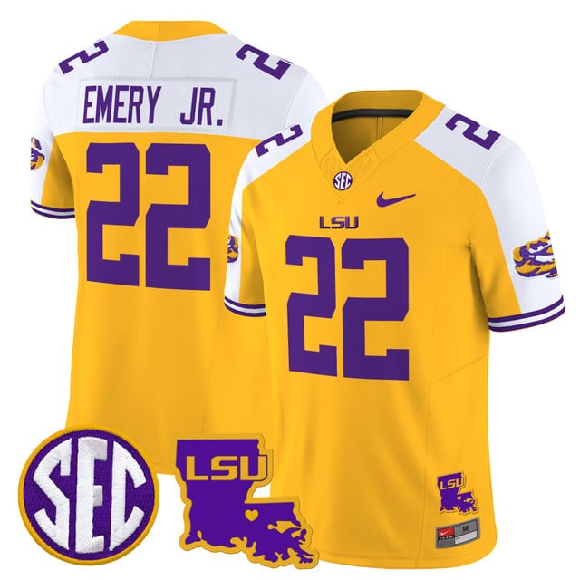 Men's LSU Tigers 2025 Louisiana Patch Vapor Limited Jersey gold white #22 John Emery Jr.