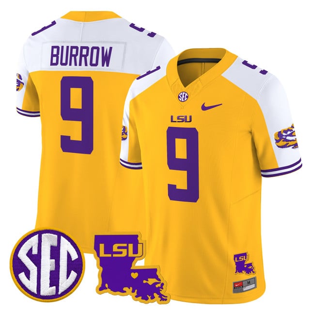 Men's LSU Tigers 2025 Louisiana Patch Vapor Limited Jersey gold white #9 Joe Burrow