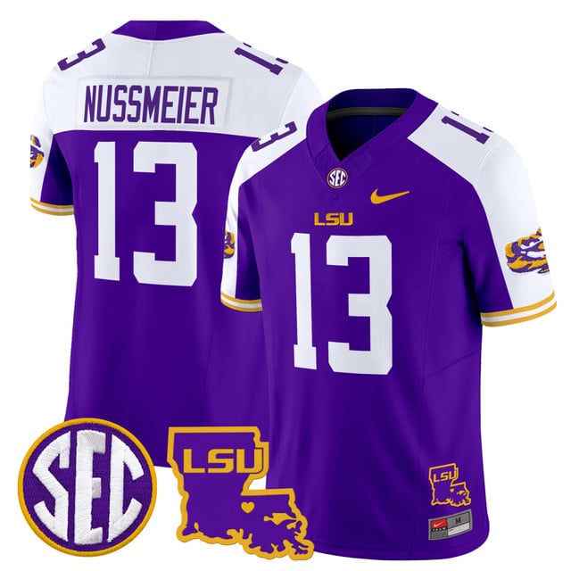 Men's LSU Tigers 2025 Louisiana Patch Vapor Limited Jersey purple #13 Garrett Nussmeier
