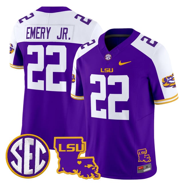 Men's LSU Tigers 2025 Louisiana Patch Vapor Limited Jersey purple #22 John Emery Jr.