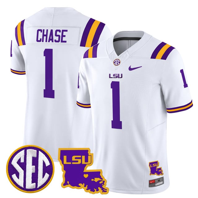 Men's LSU Tigers 2025 Louisiana Patch Vapor Limited Jersey white #1 Ja'Marr Chase