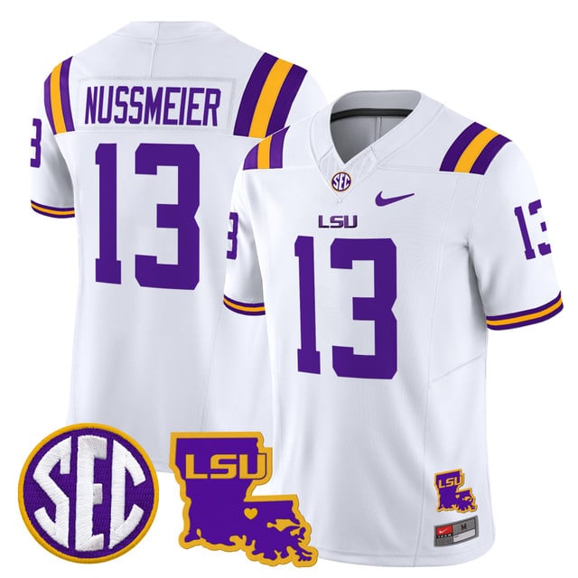 Men's LSU Tigers 2025 Louisiana Patch Vapor Limited Jersey white #13 Garrett Nussmeier