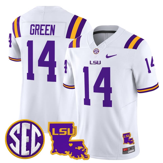 Men's LSU Tigers 2025 Louisiana Patch Vapor Limited Jersey white #14 Trey'Dez Green