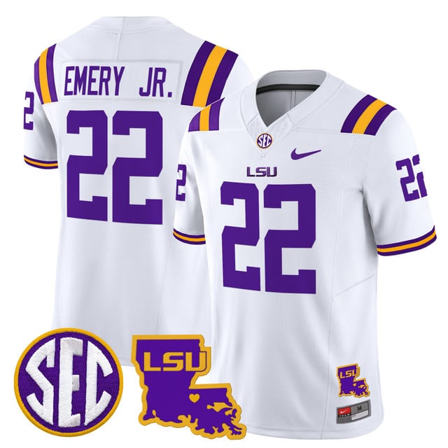 Men's LSU Tigers 2025 Louisiana Patch Vapor Limited Jersey white #22 John Emery Jr.